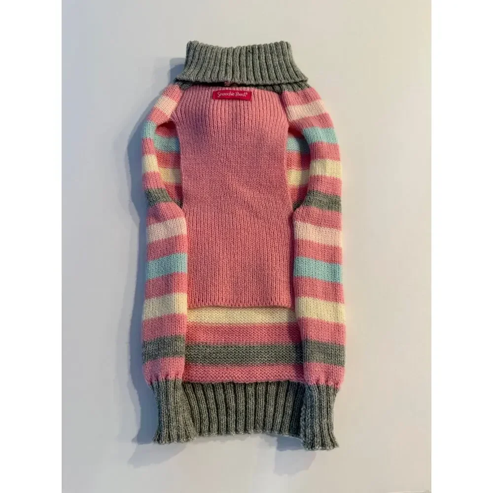 Smoochie Poochie Size Medium Striped Knit Dog Sweater - Pink Blue Gray Pom Poms